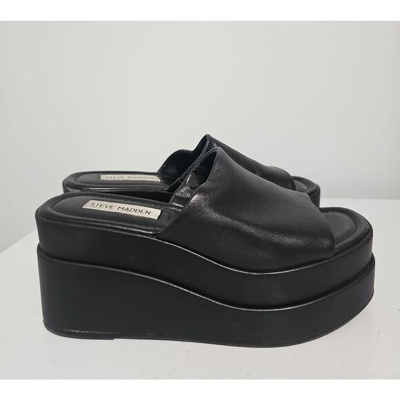 Steve Madden Black Platform Wedge Sandal Womens 7 Slip On Square Toe - Picture 15 of 15